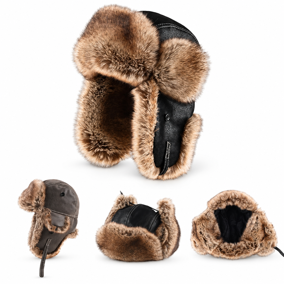 Frostpeak Windproof Leather Trapper Hat with Warm Fur Lining