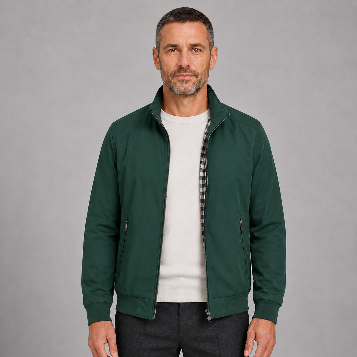 Men's Slim-Fit Zip-Up Bomber Jacket with Stand Collar