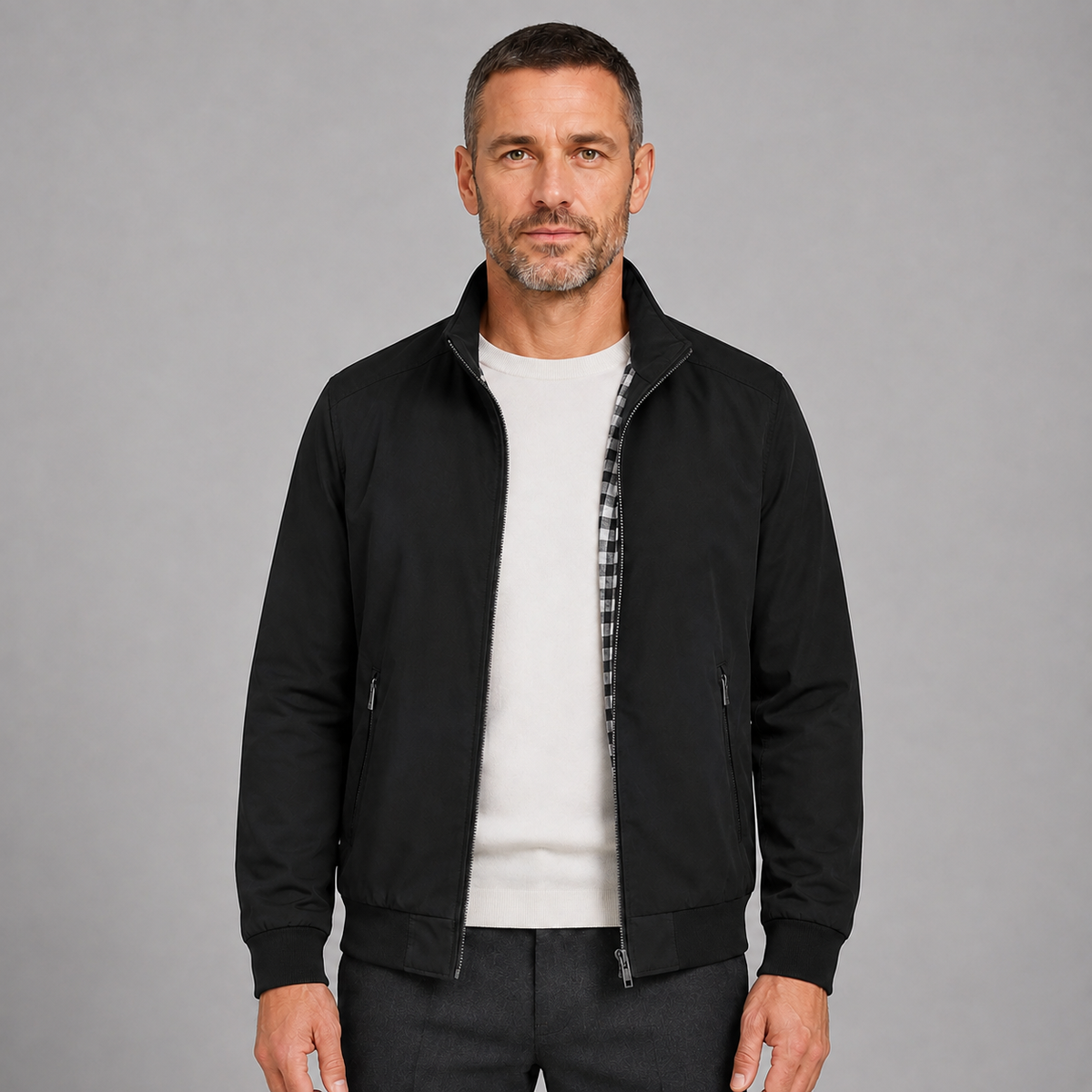 Men's Slim-Fit Zip-Up Bomber Jacket with Stand Collar