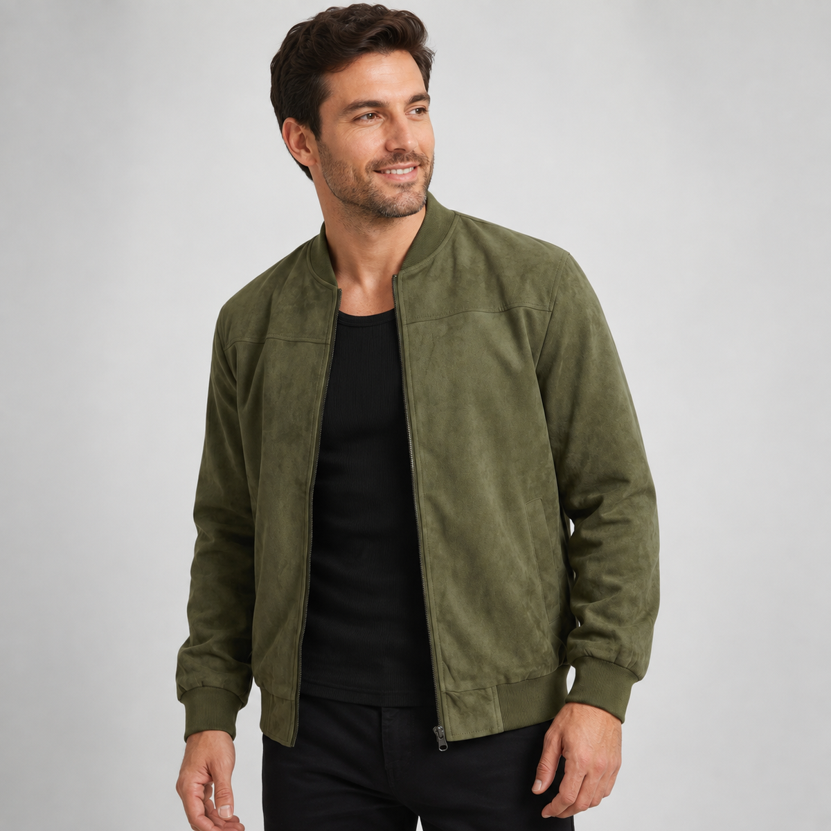Men's Suede Zip-Up Bomber Jacket with Ribbed Cuffs