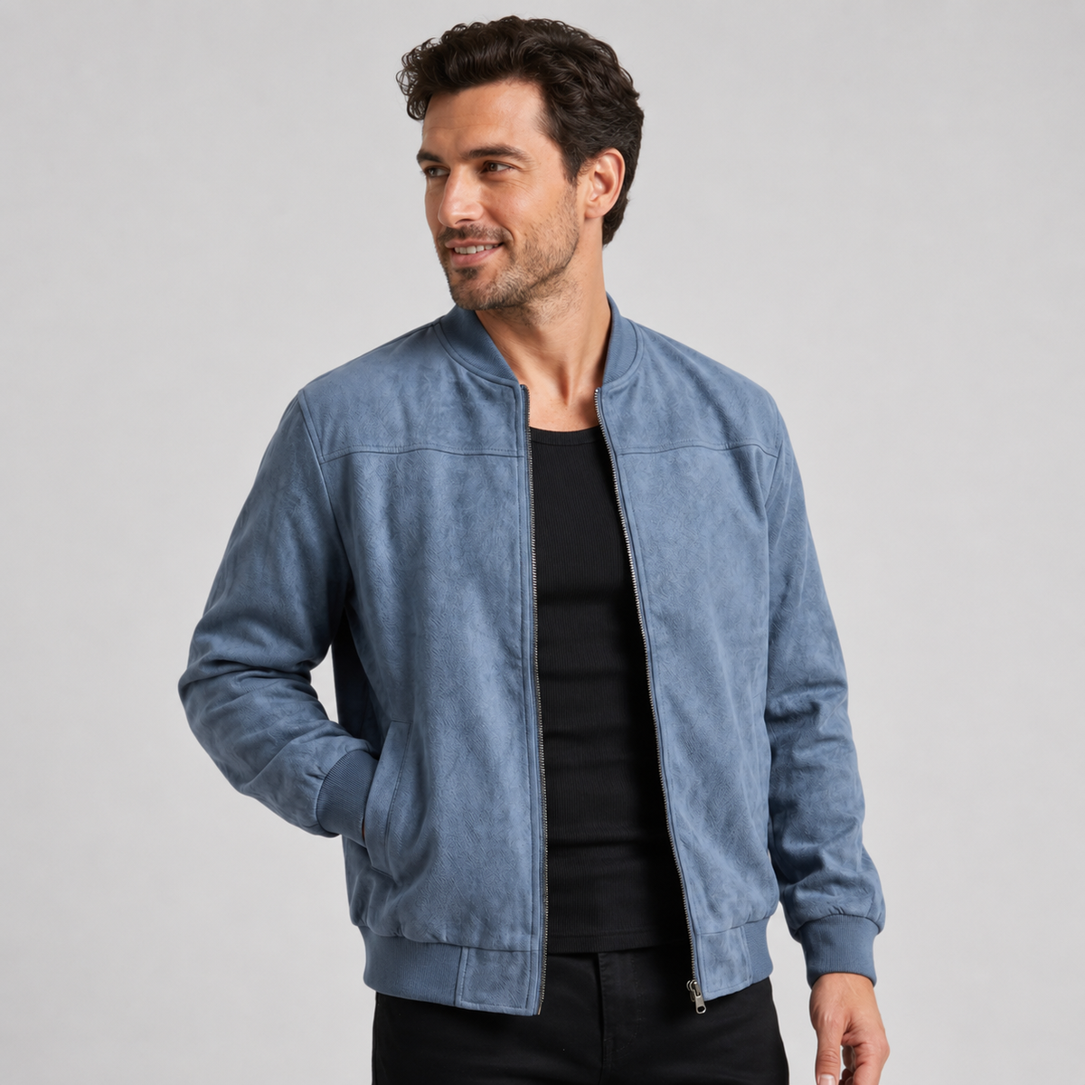 Men's Suede Zip-Up Bomber Jacket with Ribbed Cuffs