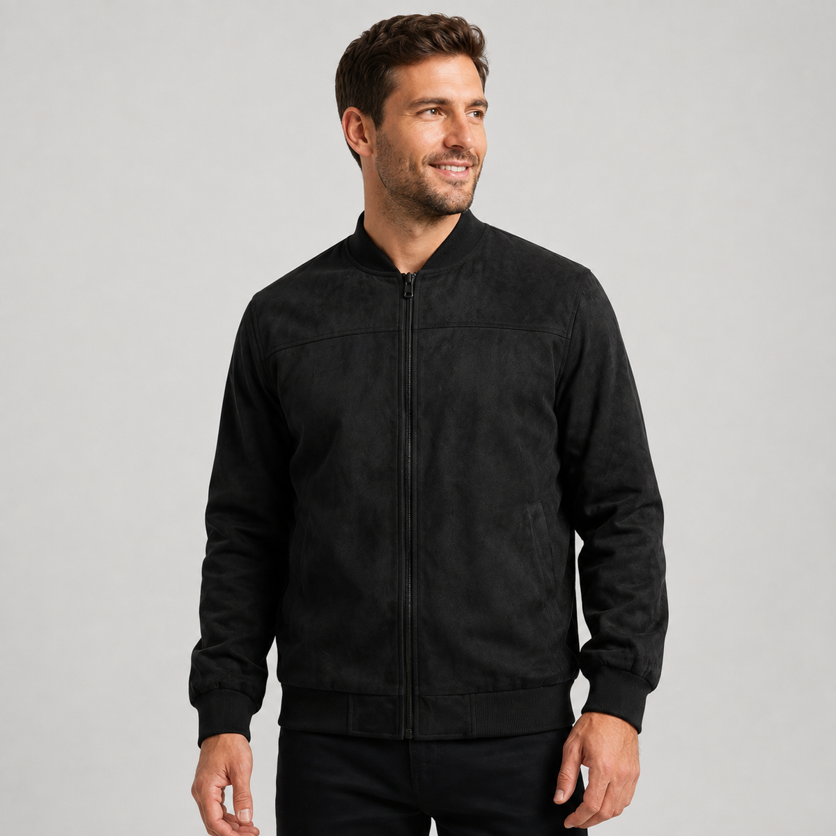 Men's Suede Zip-Up Bomber Jacket with Ribbed Cuffs