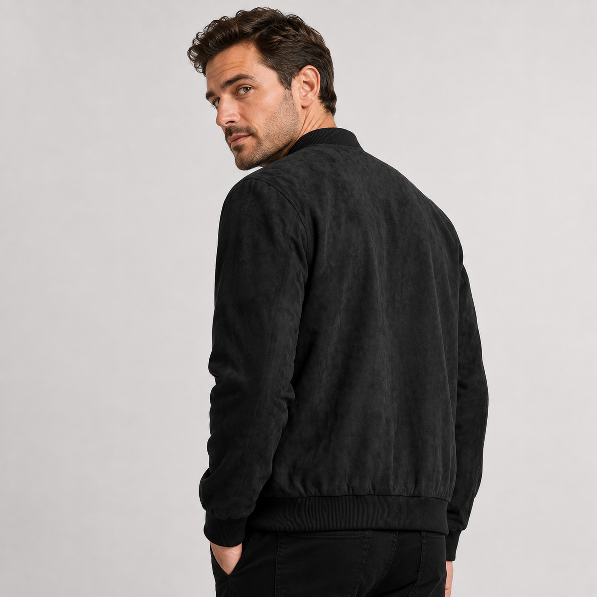 Men's Suede Zip-Up Bomber Jacket with Ribbed Cuffs