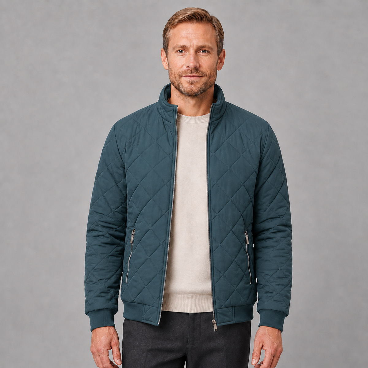 Men's Zip-Up Diamond Quilted Stand Collar Jacket